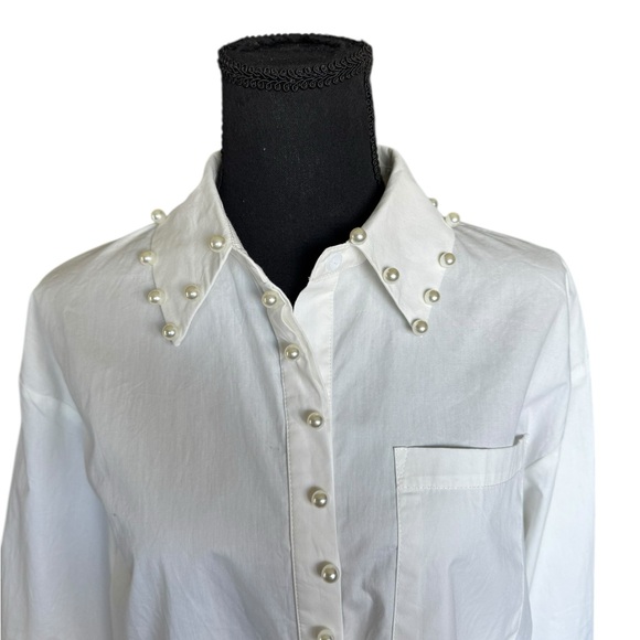 BiBi Pearl Embellished Button Down Blouse White Oversized Tunic Small Q48 - Picture 2 of 9